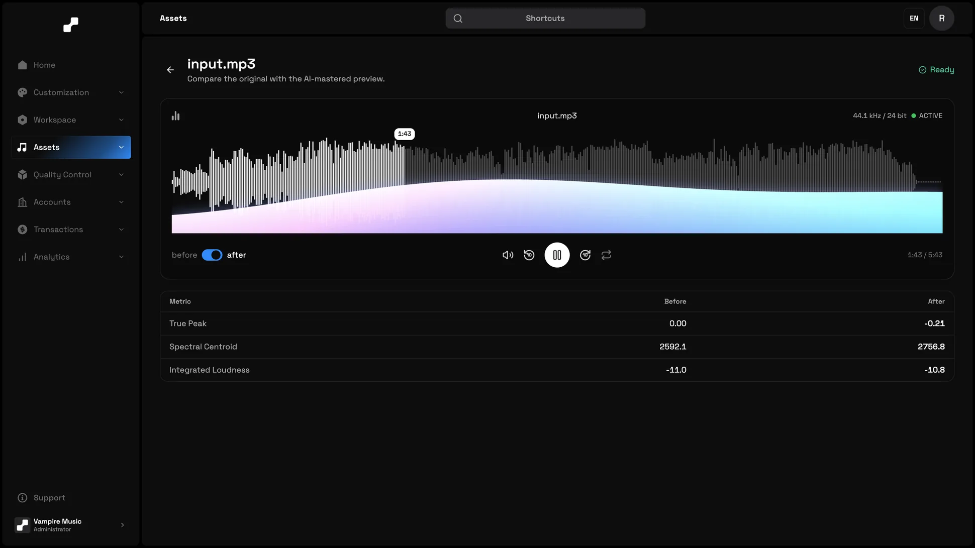 AI mastering interface for optimizing track audio quality across streaming platforms