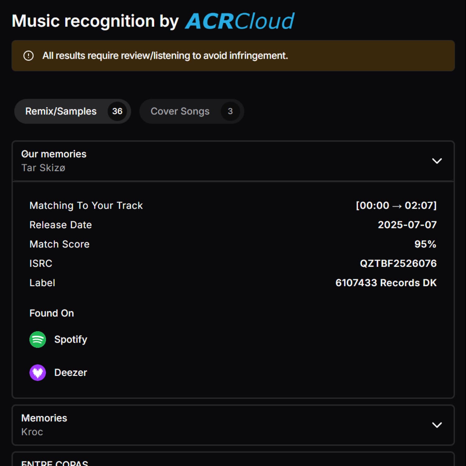 AI Music recognition dashboard screenshot
