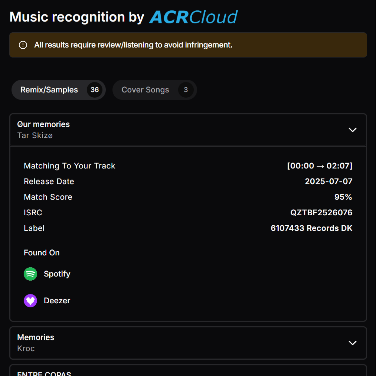 ACRCloud music recognition scan results inside the Audicient dashboard
