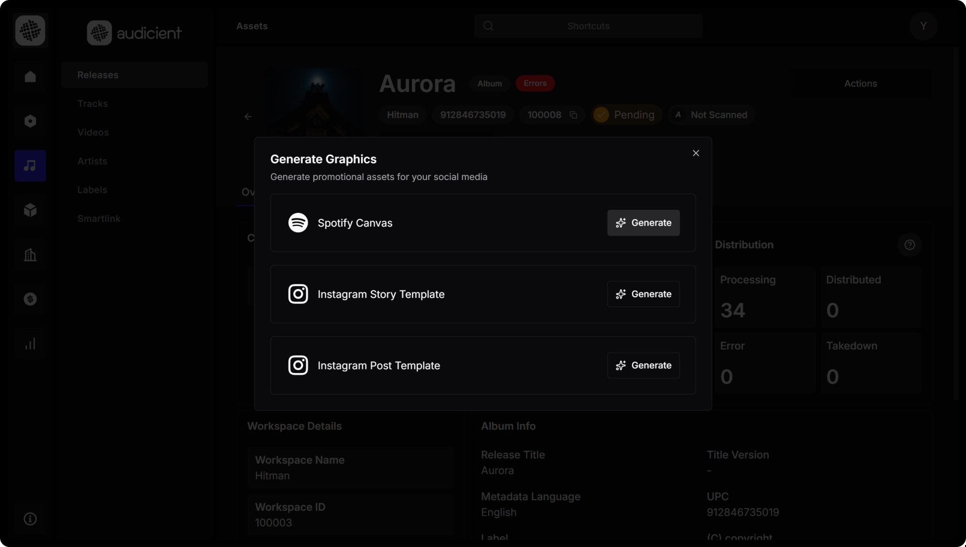 Music marketing tools dashboard with smartlinks, graphics generator, and social media management