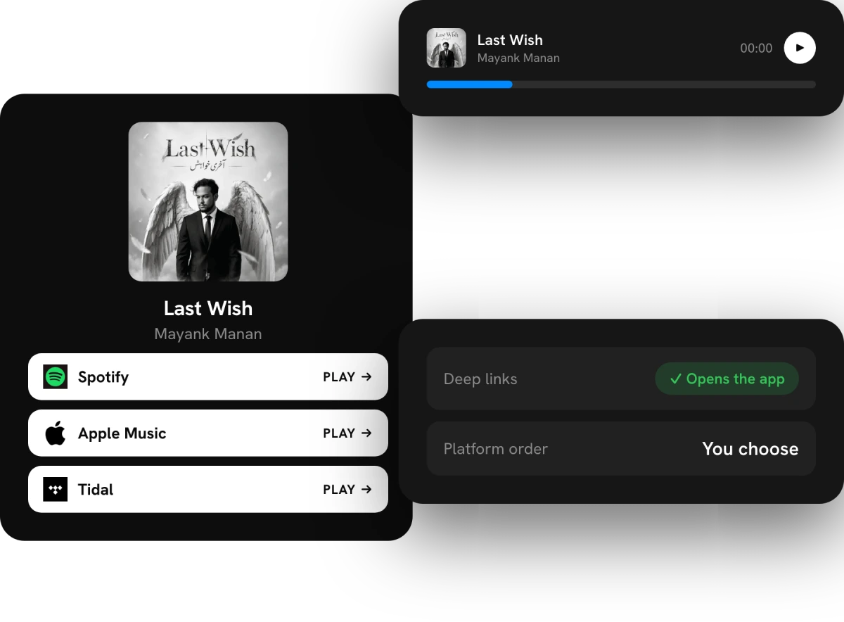 Branded landing page with artwork, preview player, and deep-linked platform buttons