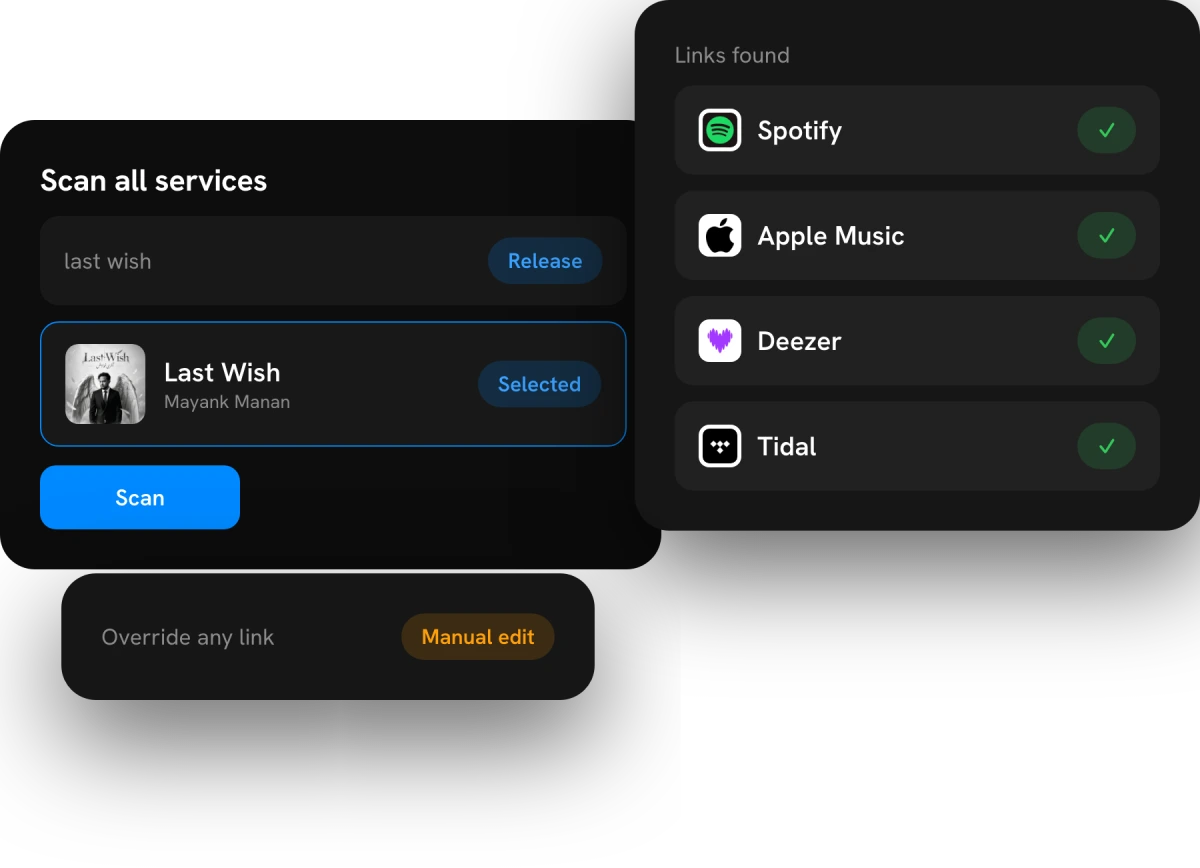 Automatic service scan finding live links on Spotify, Apple Music, Deezer, and Tidal