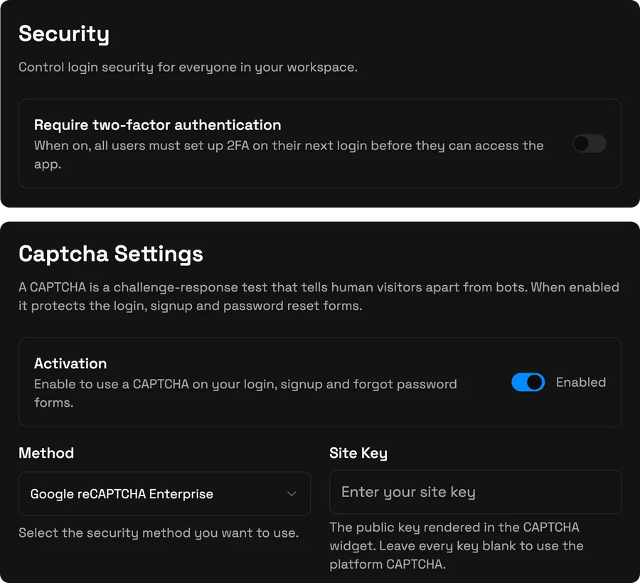 Pengaturan keamanan dengan autentikasi dua faktor dan konfigurasi CAPTCHA